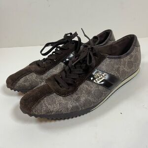 Coach Ivy Brown Signature Sneakers Suede Trim Gold Logo Size 11B